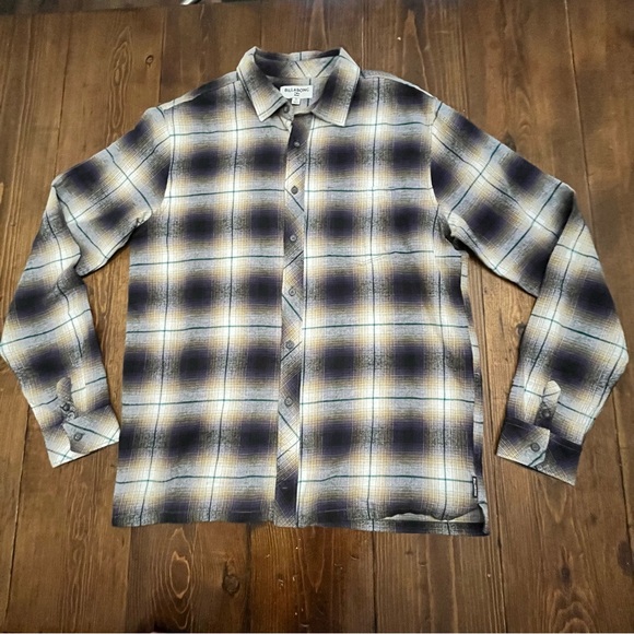 Billabong Coastline Plaid Flannel Long Sleeve Button up Shirt Purple Yellow Men - Picture 1 of 6